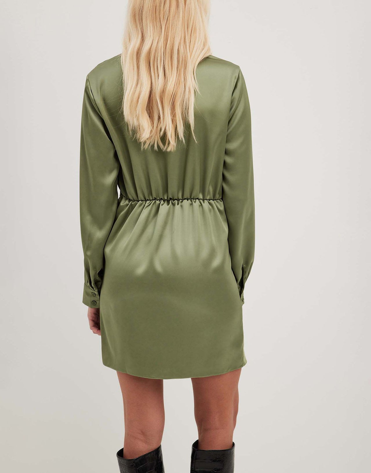 NA-KD twist front satin mini dress in green