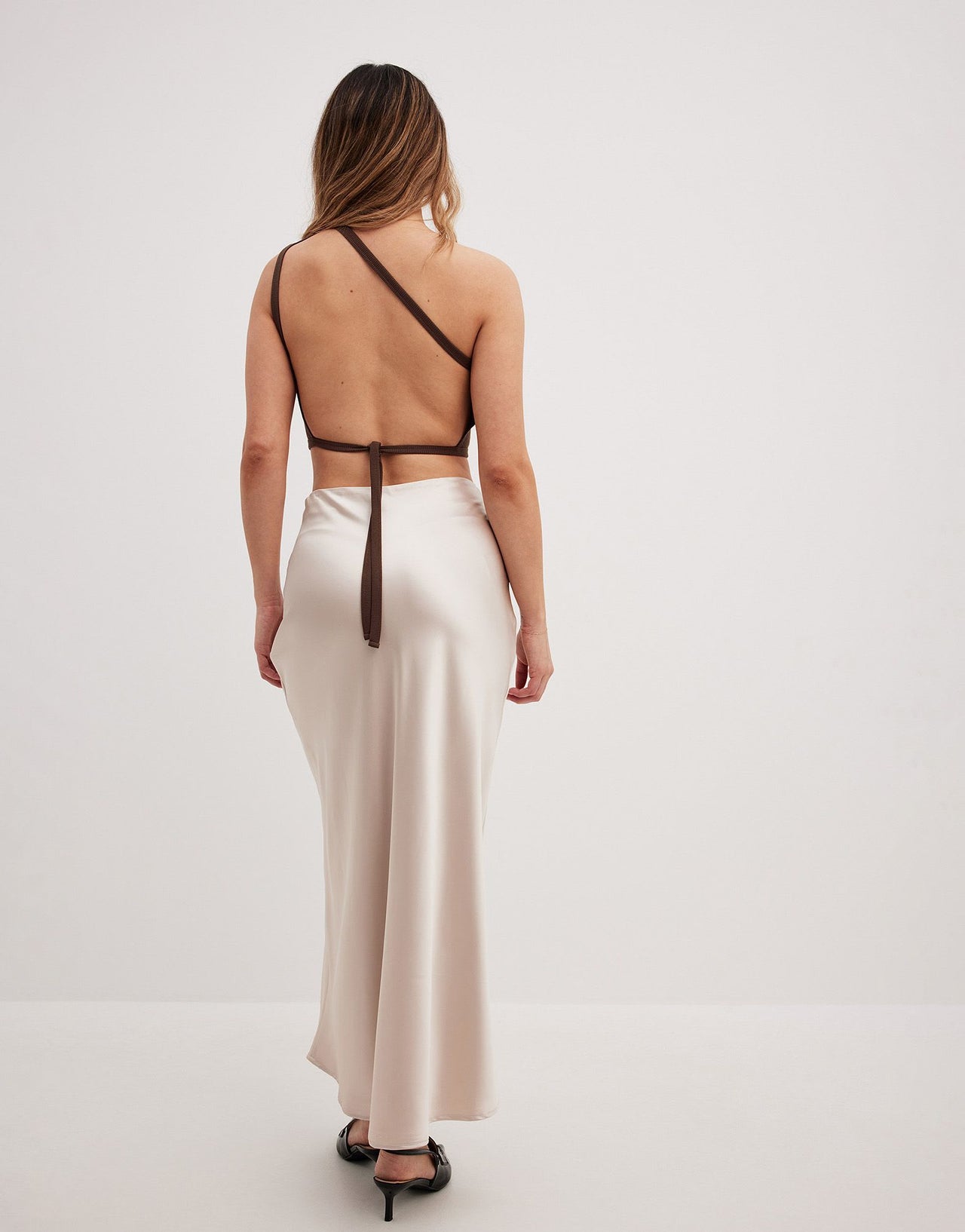NA-KD one shoulder top with open back in brown