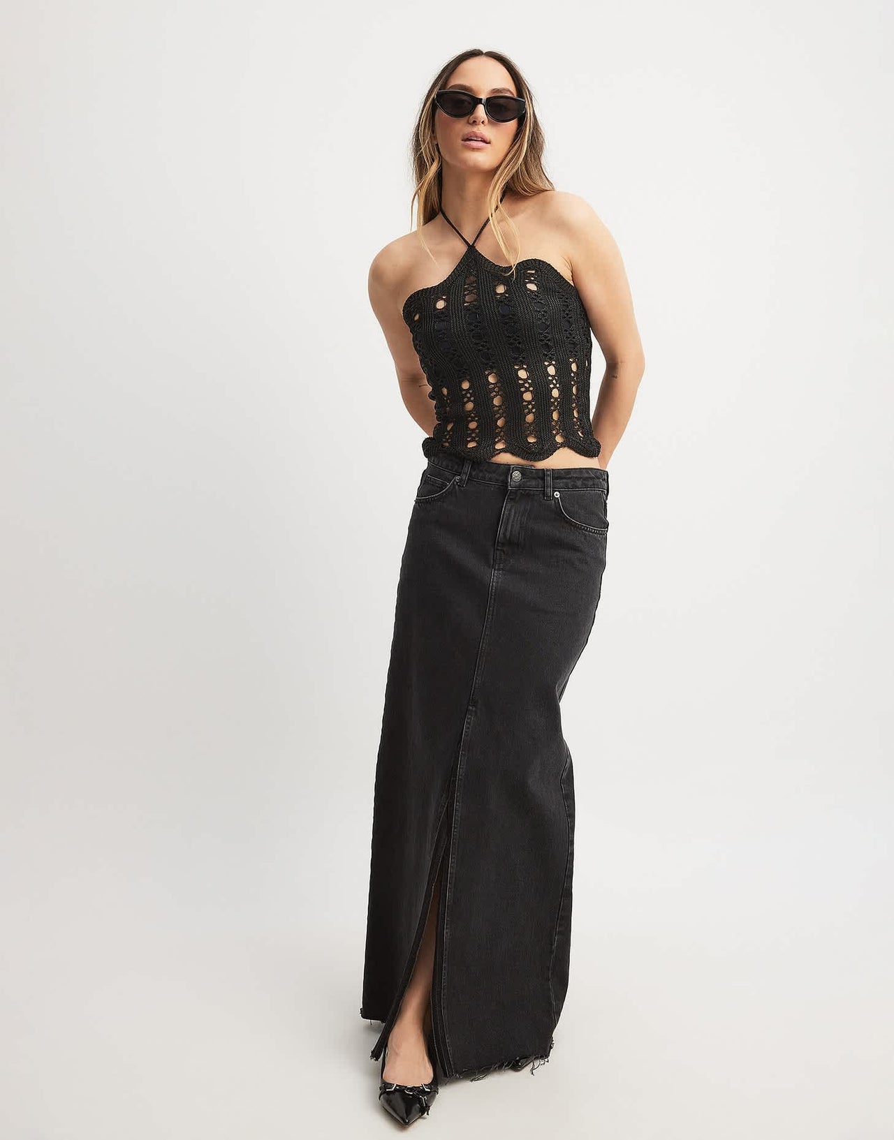 NA-KD crochet halter neck top in black