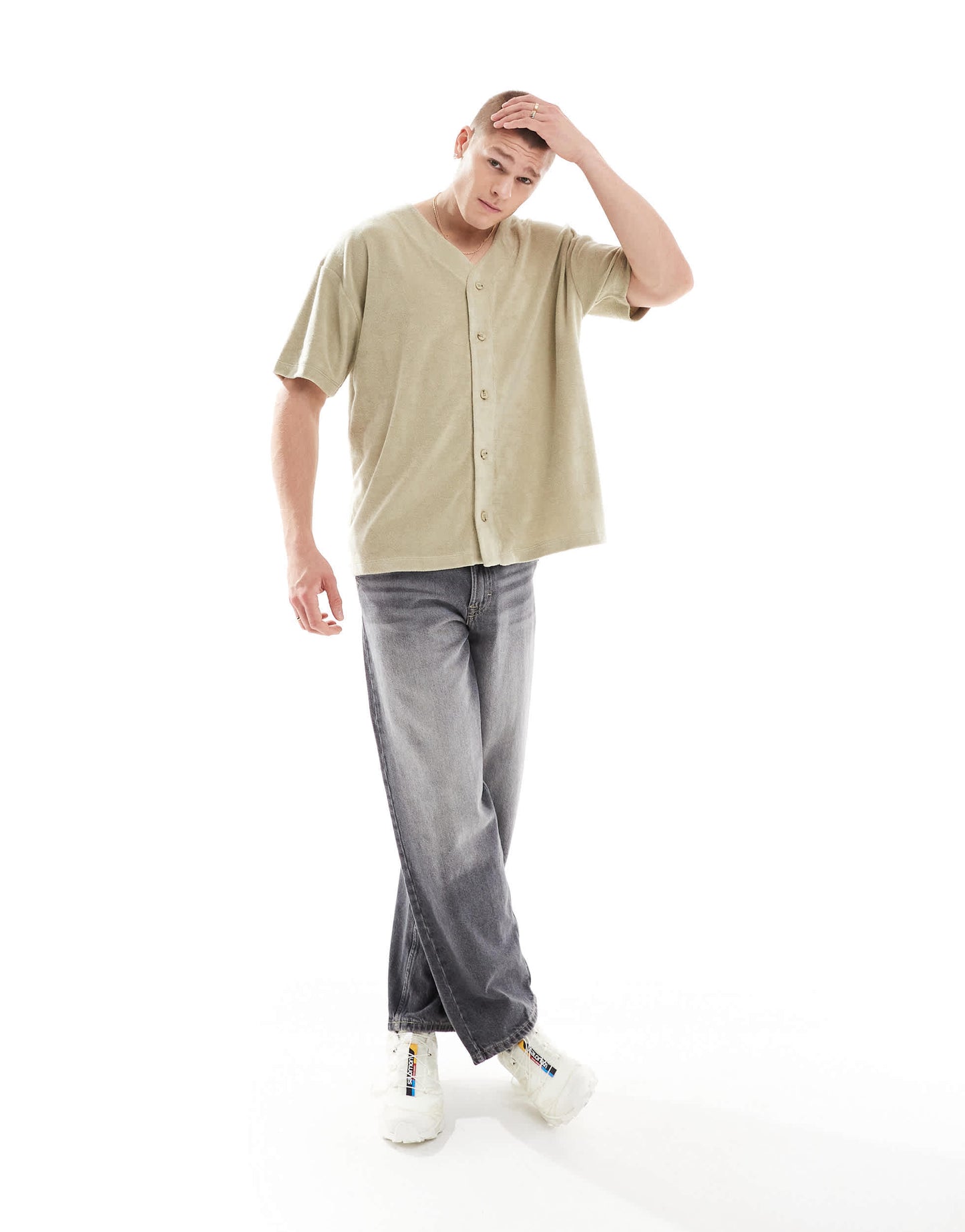 ASOS DESIGN oversized baseball shirt in green towelling