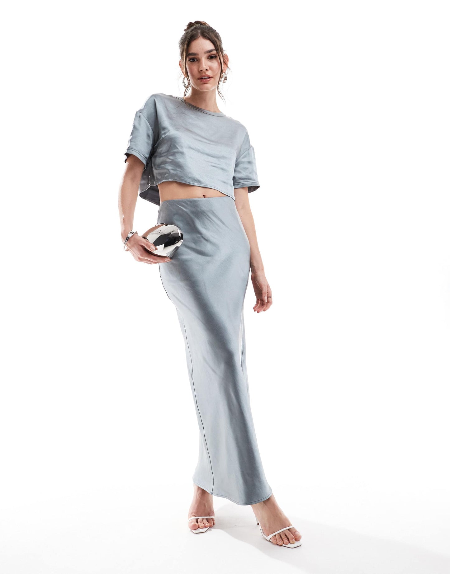 4th & Reckless satin maxi skirt co-ord in steel grey