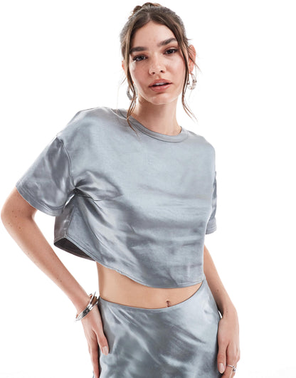 4th & Reckless cropped satin t-shirt co-ord in steel grey