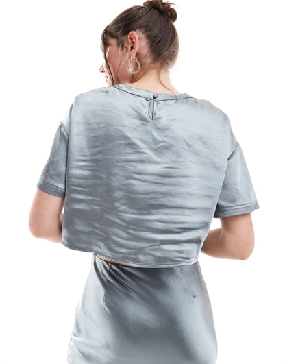 4th & Reckless cropped satin t-shirt co-ord in steel grey