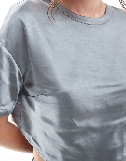 4th & Reckless cropped satin t-shirt co-ord in steel grey