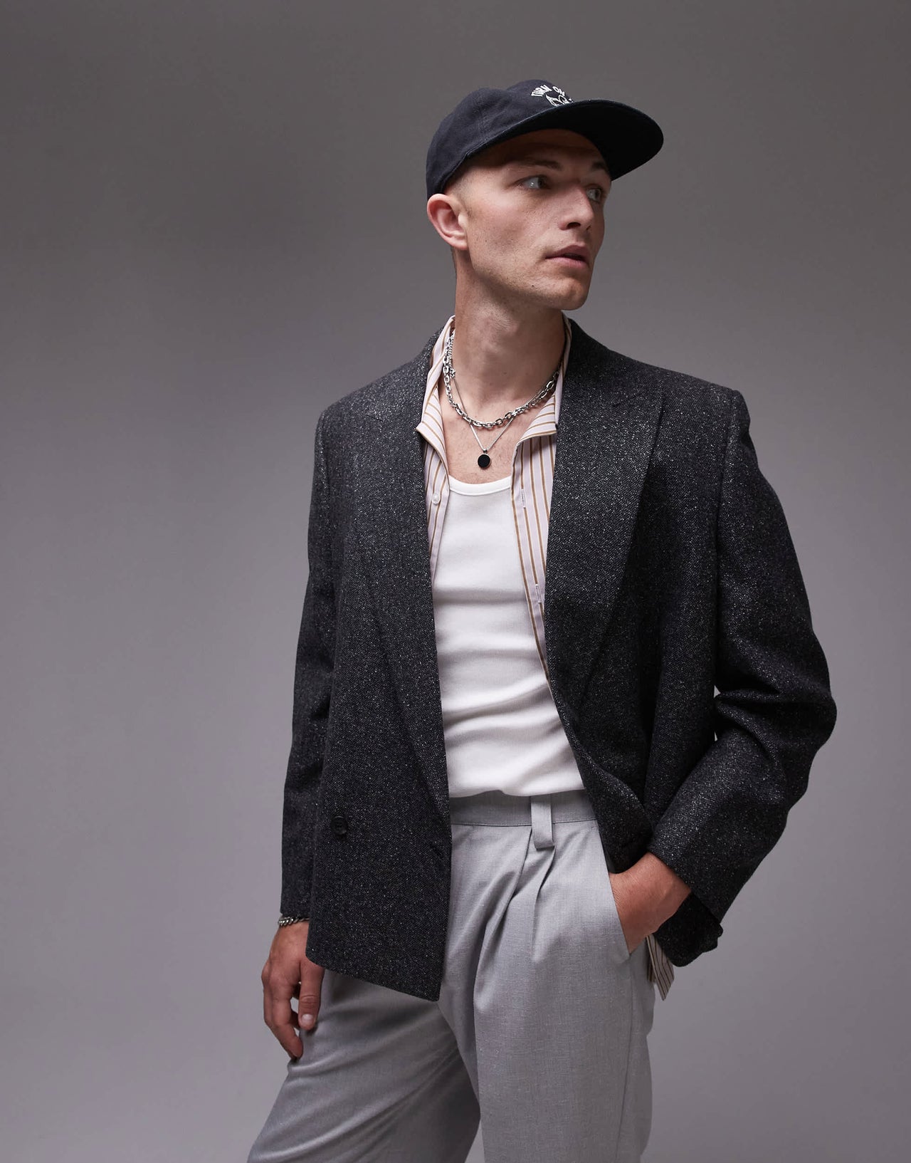 Topman premium boxy wool mix salt and pepper suit jacket in black