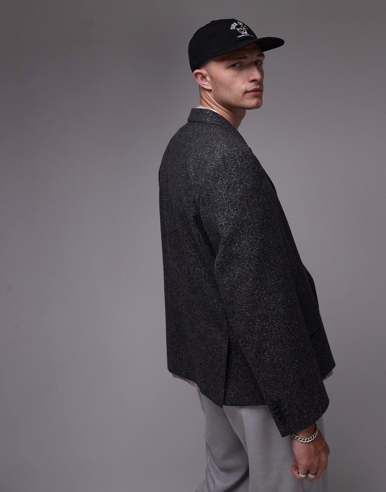 Topman premium boxy wool mix salt and pepper suit jacket in black