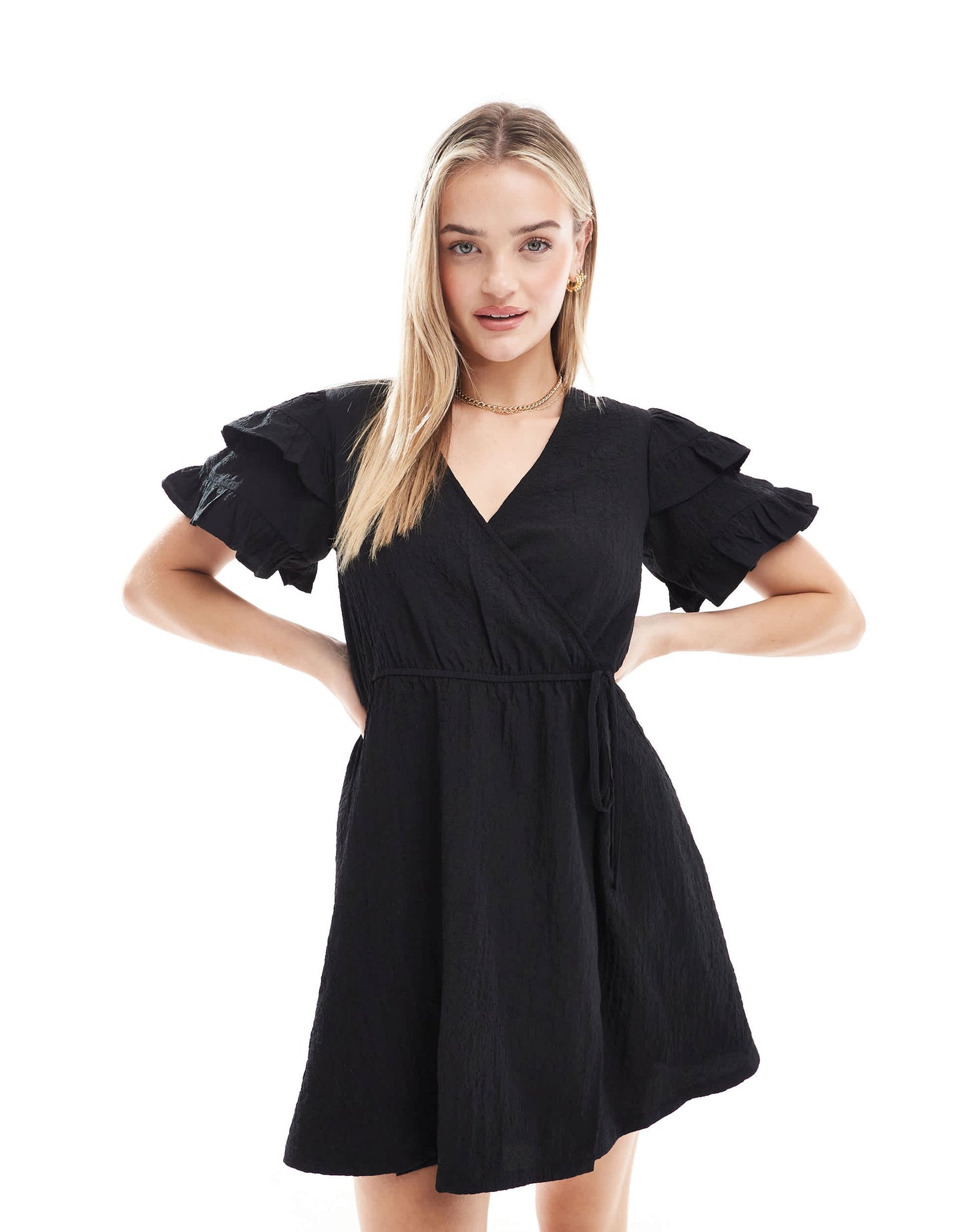 Wednesday's Girl short sleeve wrap detail mini dress in black