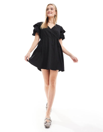 Wednesday's Girl short sleeve wrap detail mini dress in black