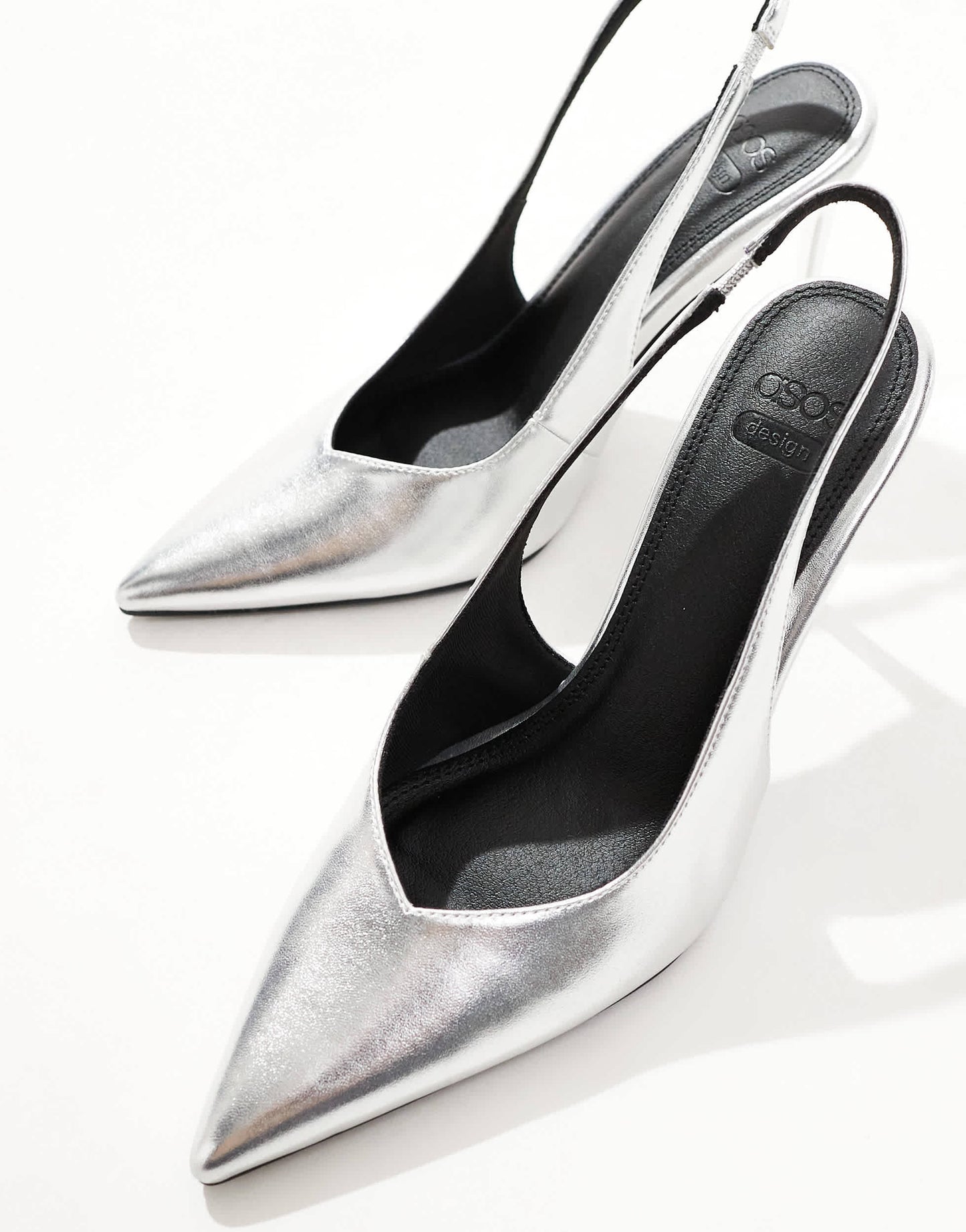 ASOS DESIGN Wide Fit Panther pointed slingback high heeled court shoes in silver