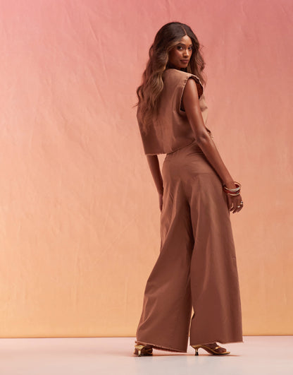 ASOS DESIGN raw edge trouser with linen co-ord in mocha