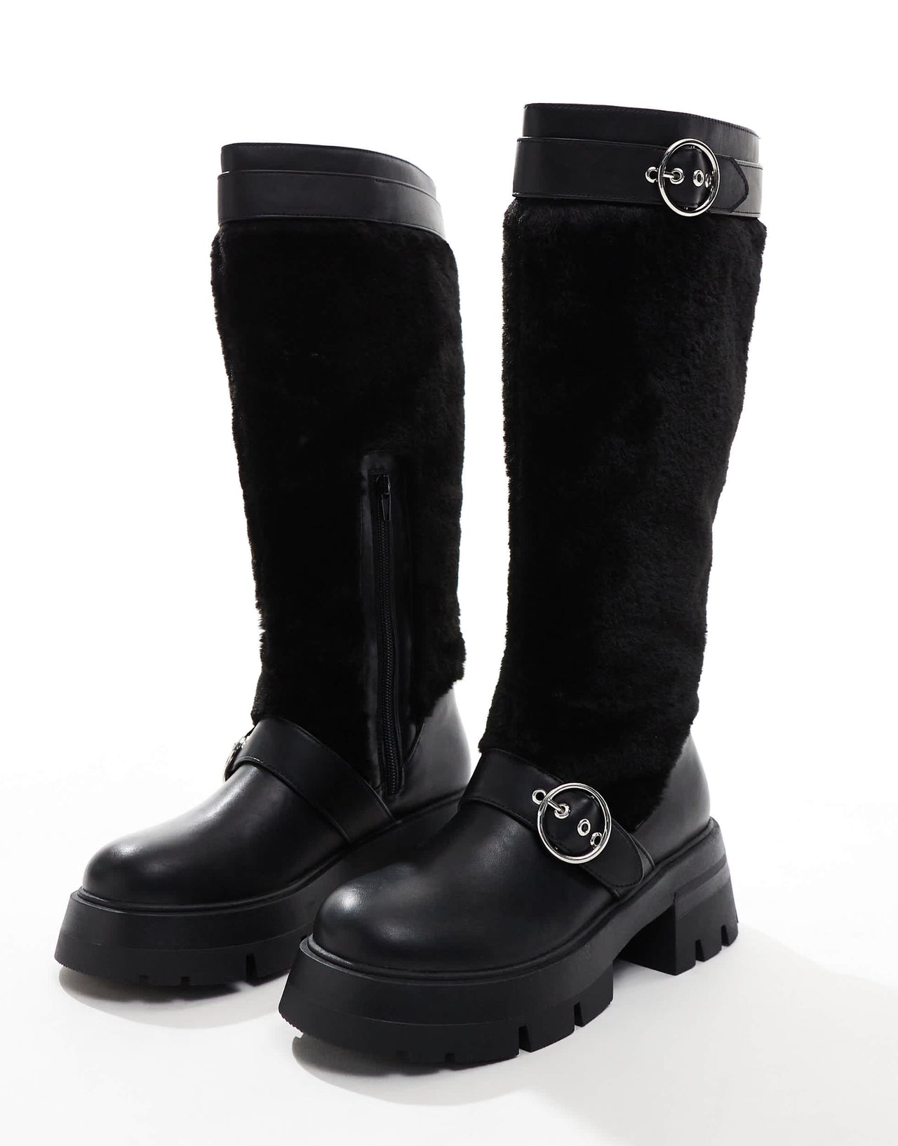 Public Desire Switch Up fluffy fur knee boots with buckles in black