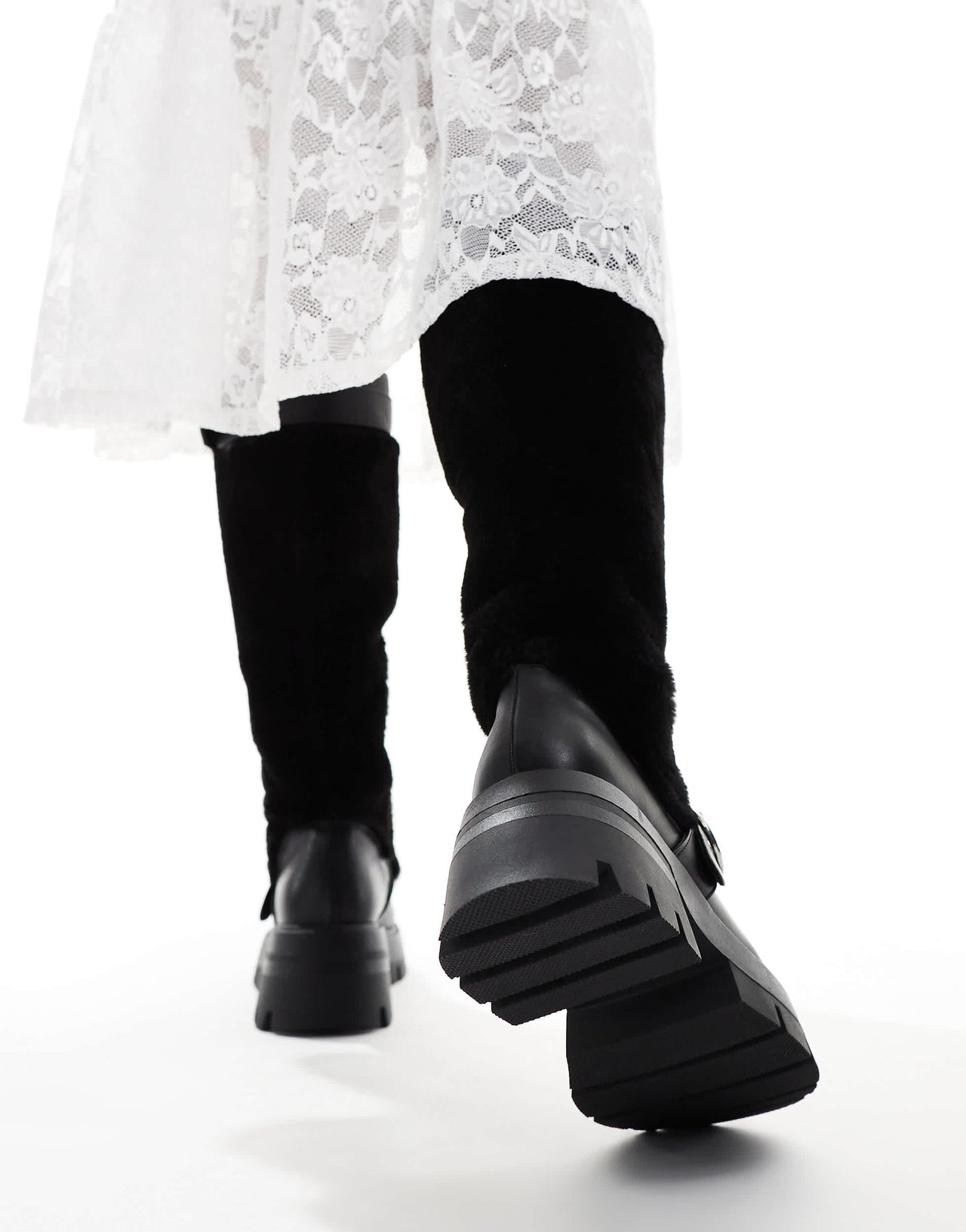 Public Desire Switch Up fluffy fur knee boots with buckles in black