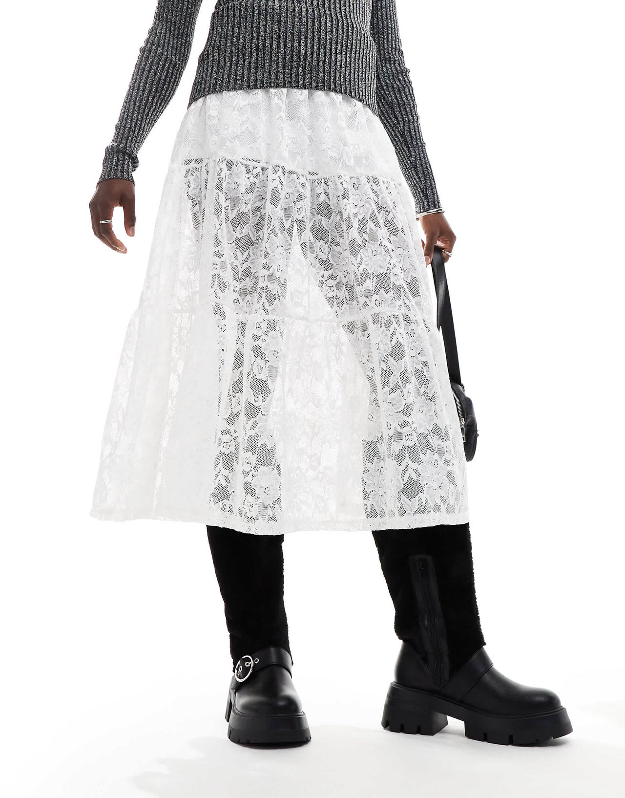 Public Desire Switch Up fluffy fur knee boots with buckles in black