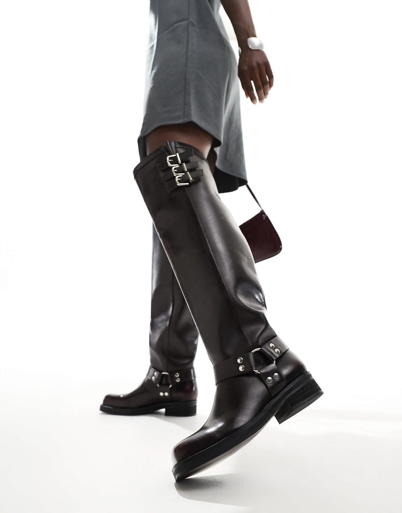 Public Desire Sagitarrius flat over the knee harness boots in burgundy