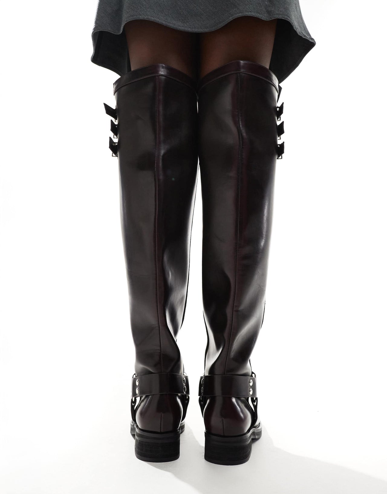Public Desire Sagitarrius flat over the knee harness boots in burgundy