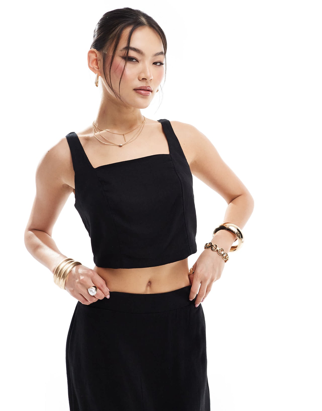 River Island linen crop top co-ord in black