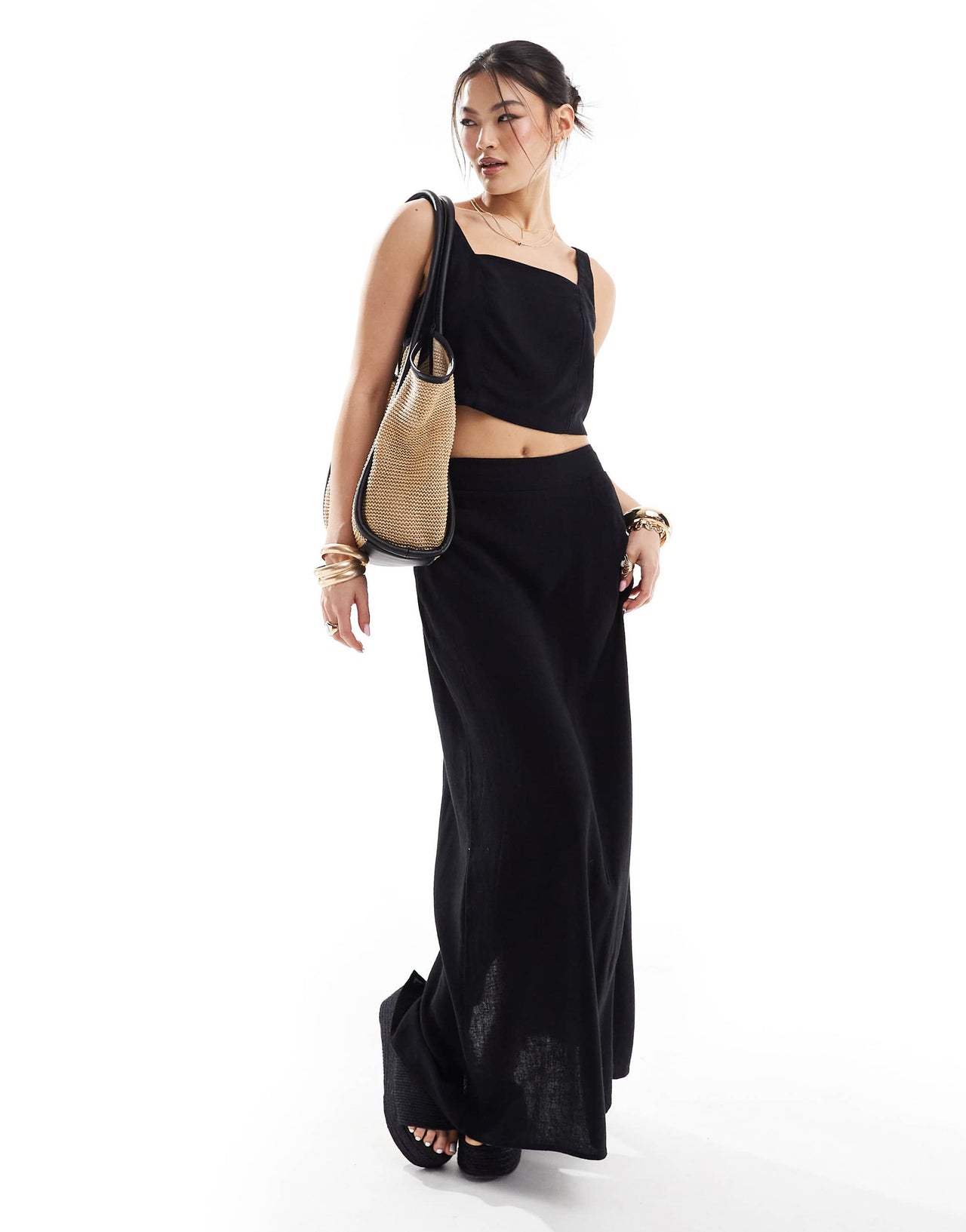 River Island linen crop top co-ord in black