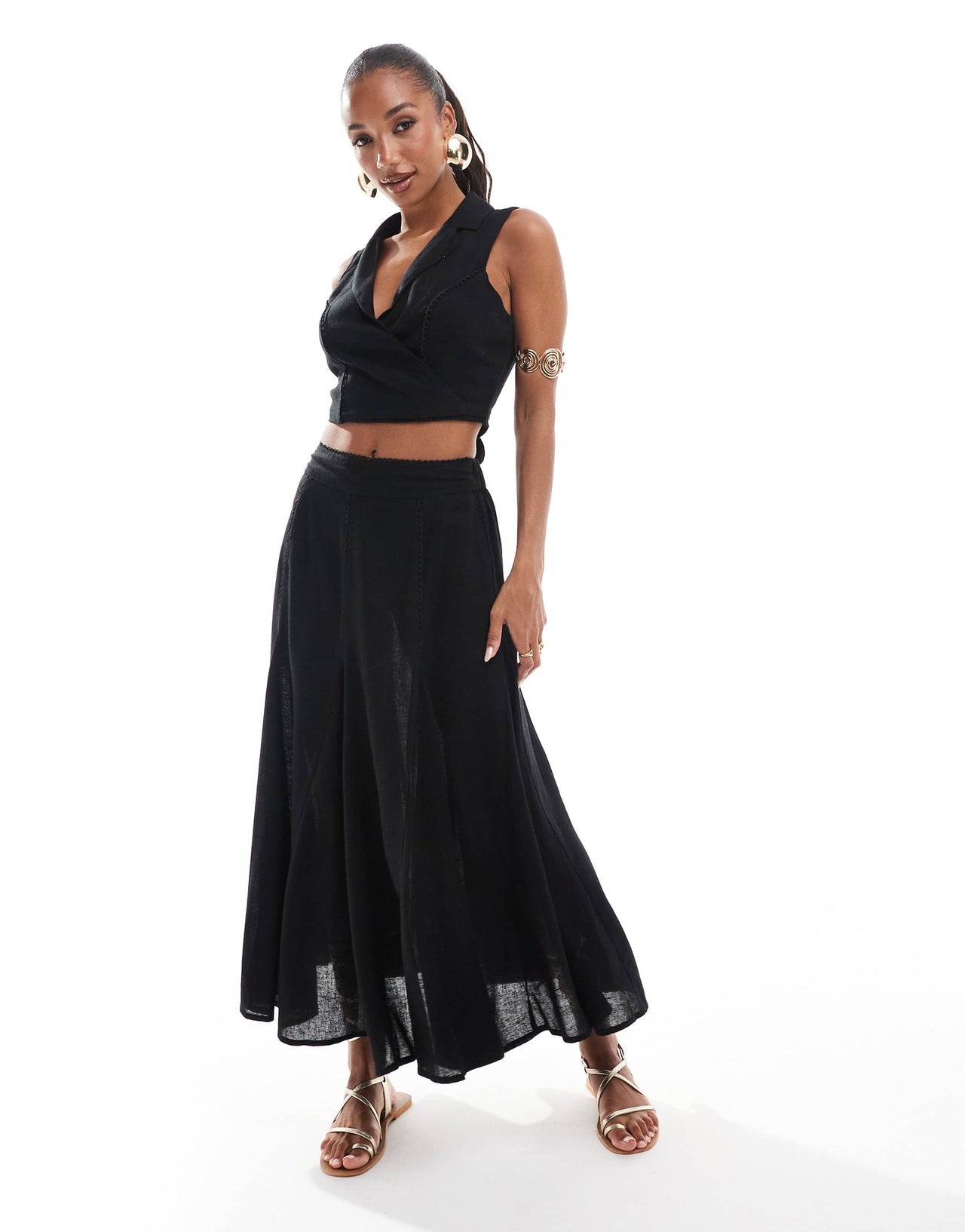 River Island tie front linen waistcoat co-ord in black