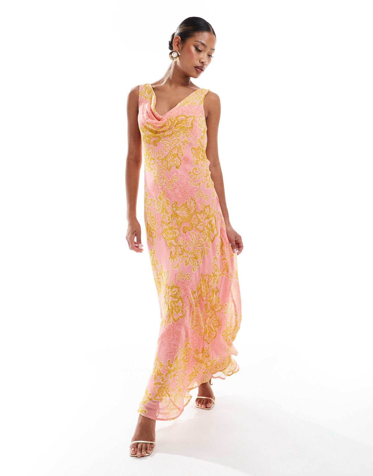River Island cowl neck floral maxi dress in bright pink