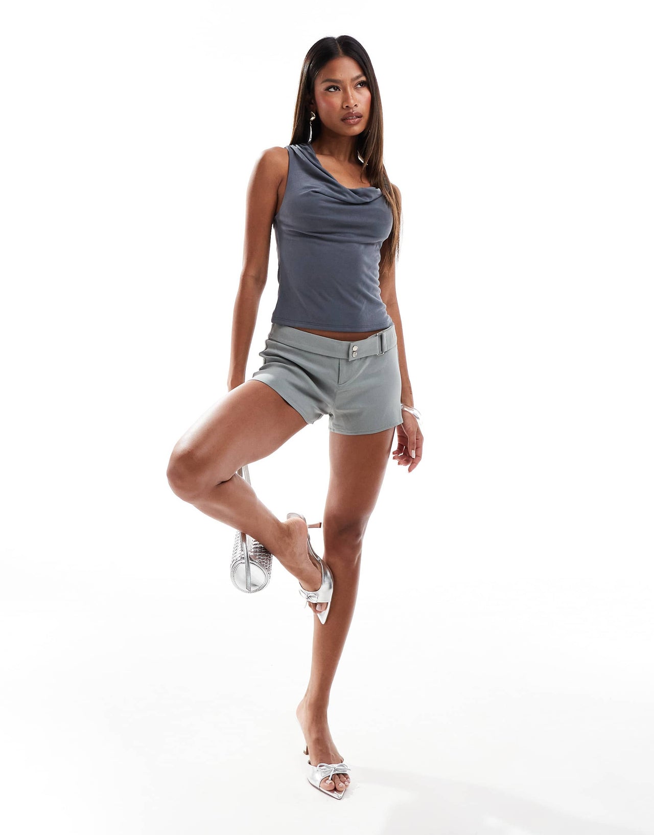 River Island cowl neck top with knot detail in grey