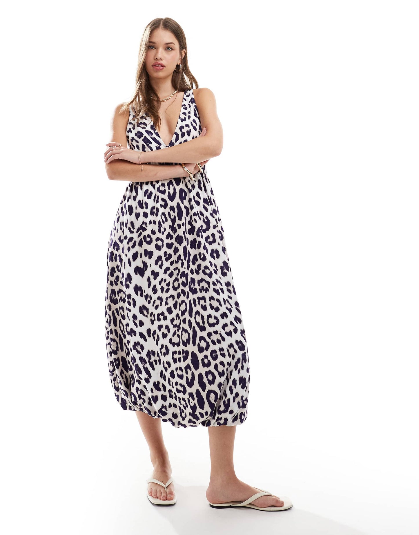 ASOS DESIGN puff ball midi smock dress with v-neck in leopard print