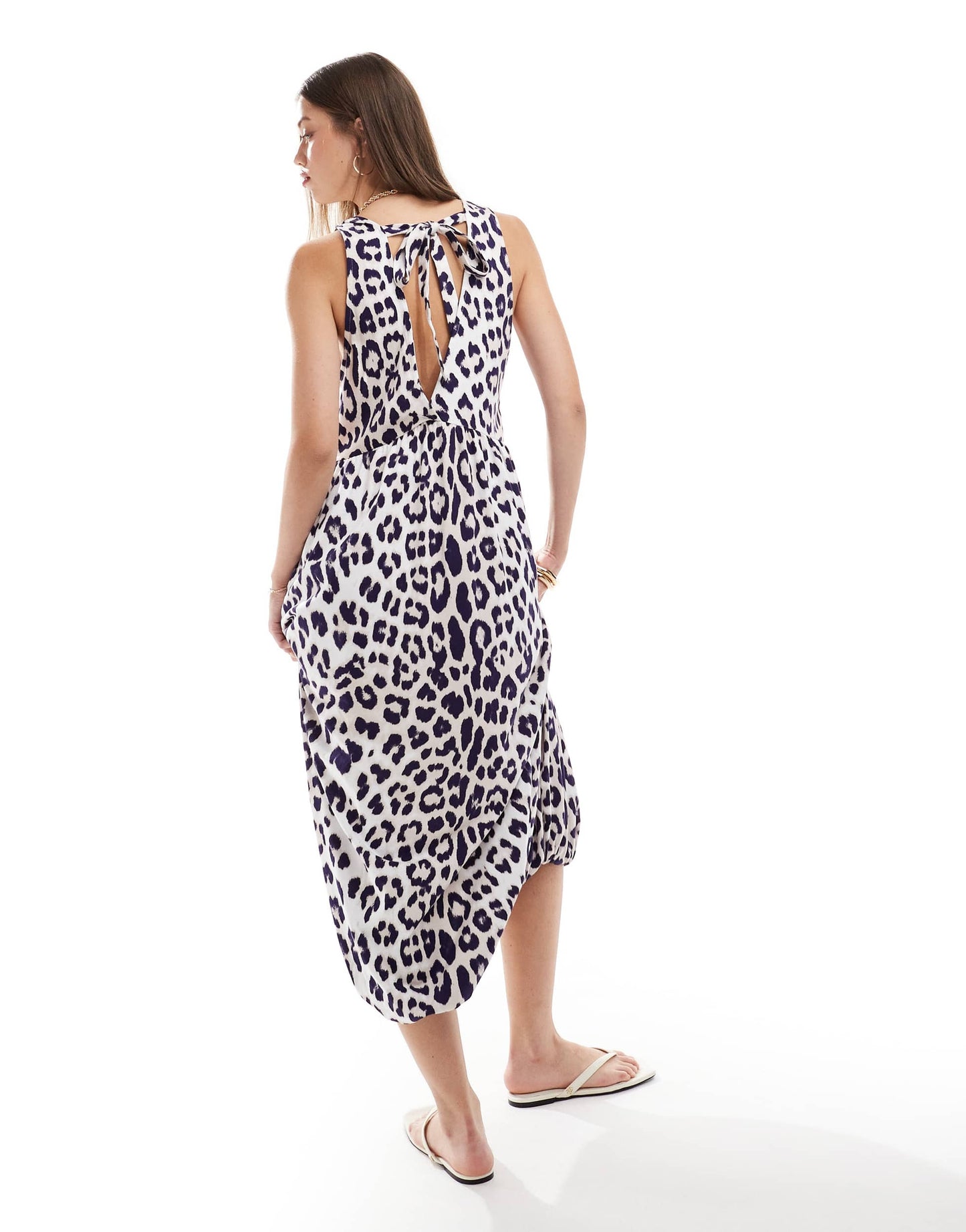 ASOS DESIGN puff ball midi smock dress with v-neck in leopard print