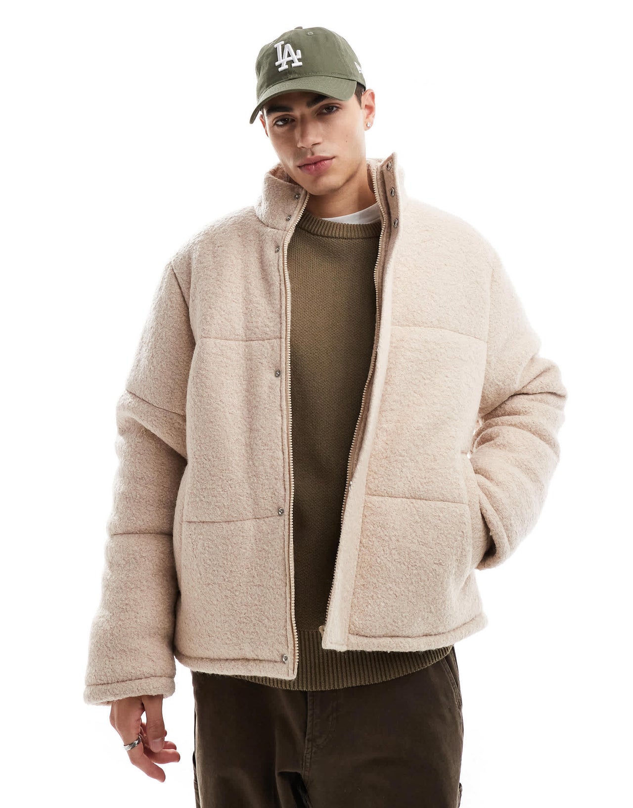 ASOS DESIGN textured wool puffer jacket in ecru