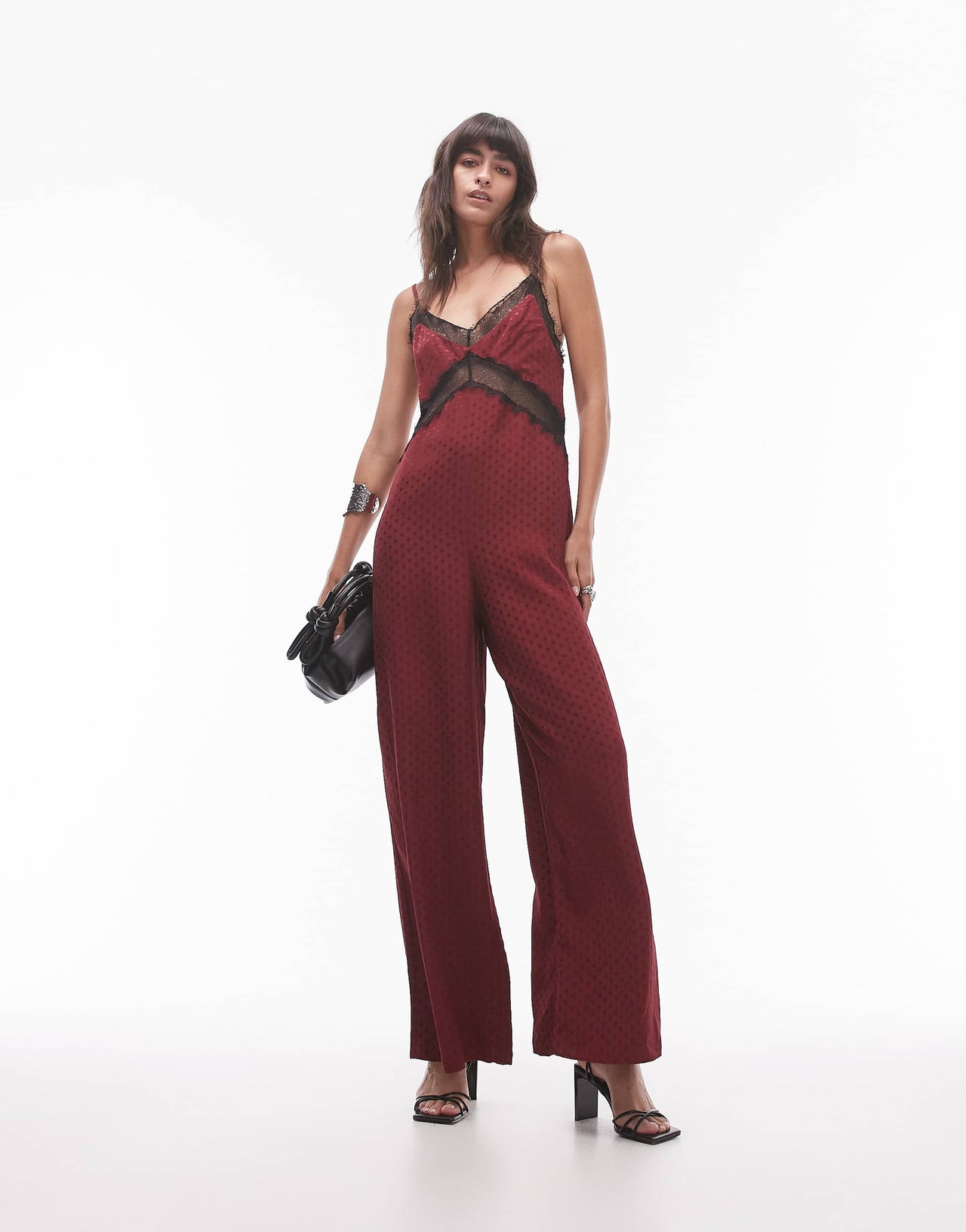 Topshop midi jacquard jumpsuit in burgundy with black lace bust dress