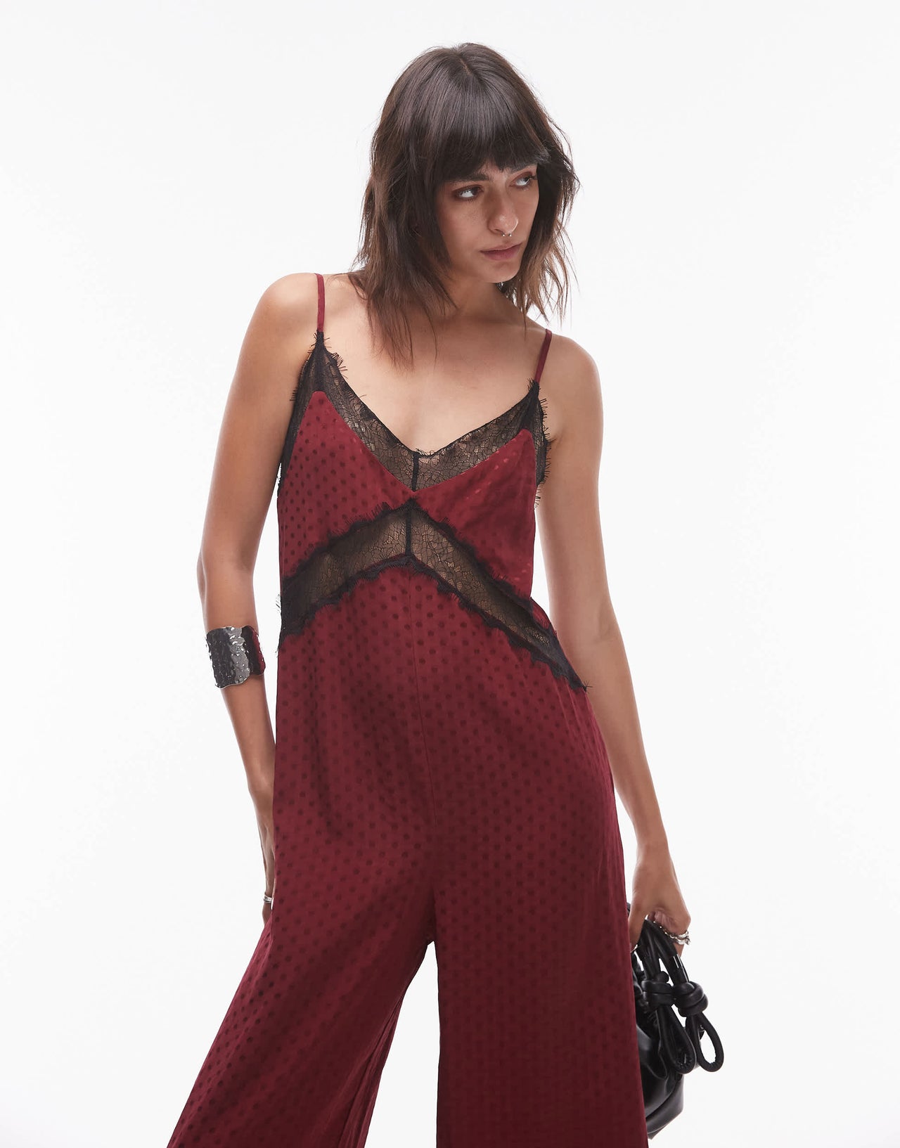 Topshop midi jacquard jumpsuit in burgundy with black lace bust dress