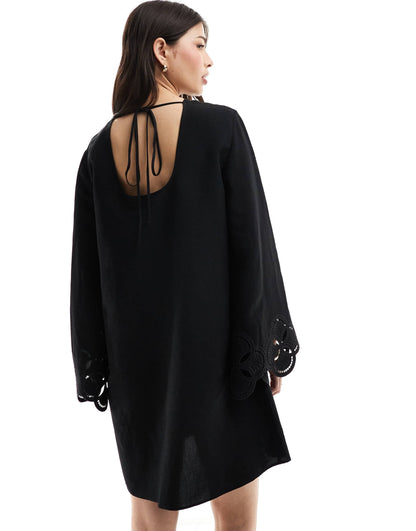 & Other Stories mini dress with cut out broderie cuffs detail and scoop back in black