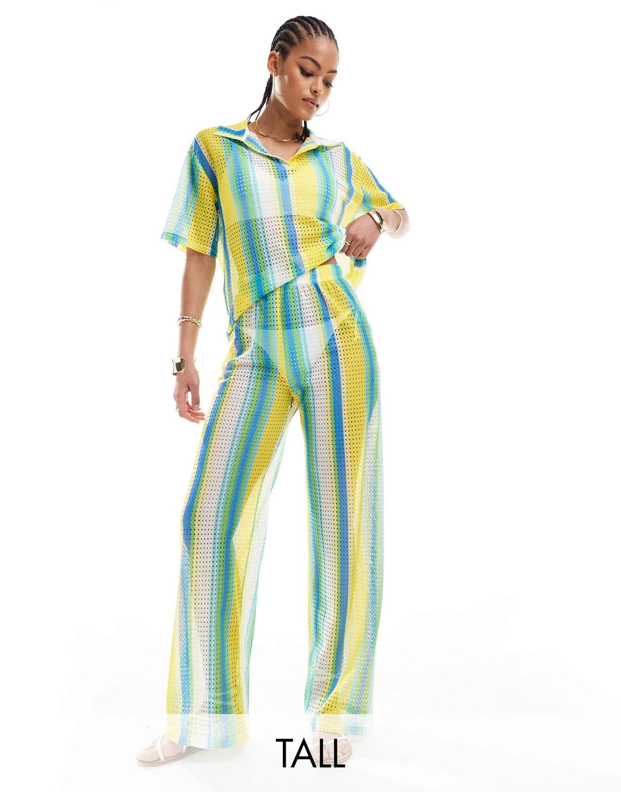 Extro & Vert Tall striped crochet trouser co-ord in multi stripe