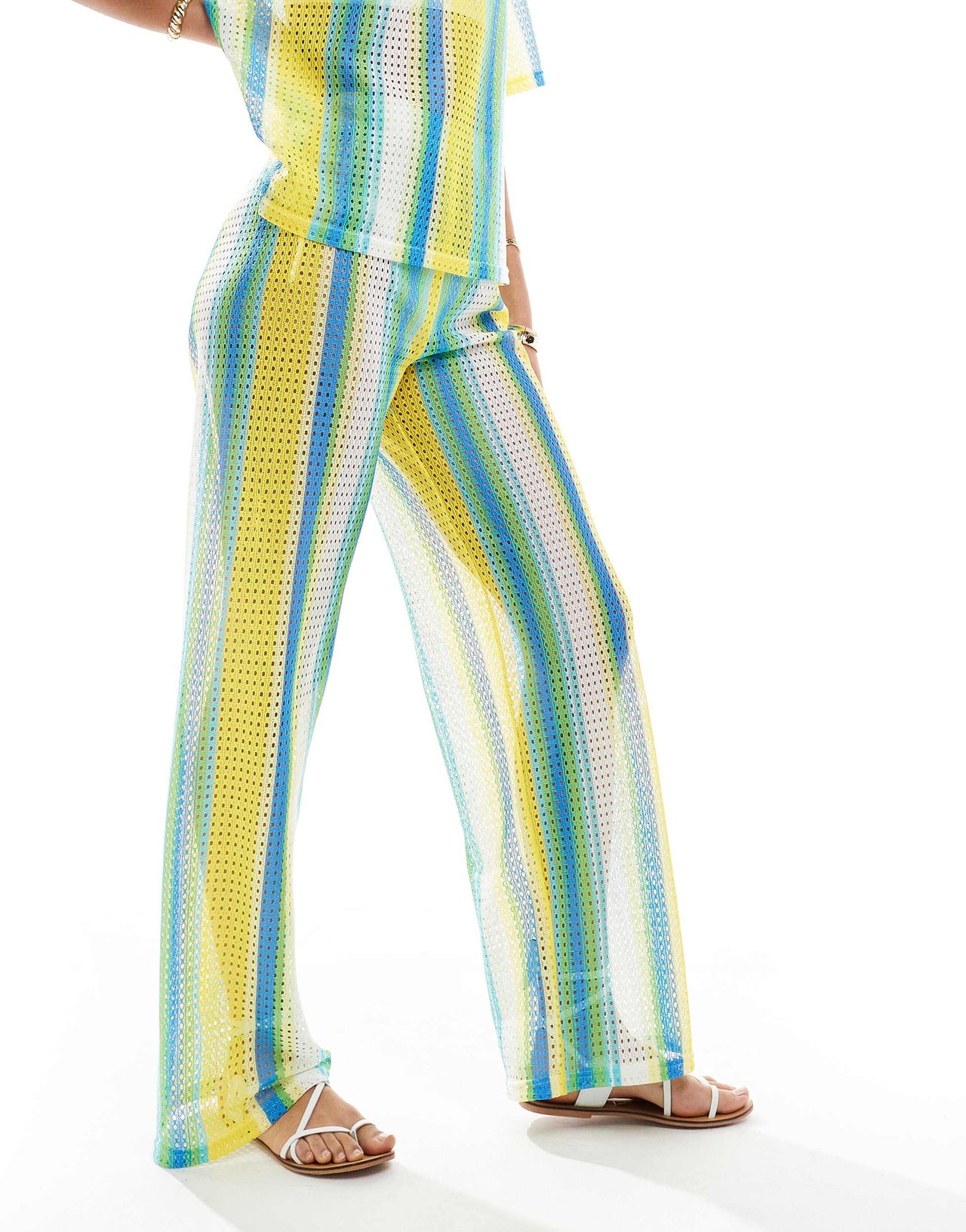 Extro & Vert Tall striped crochet trouser co-ord in multi stripe