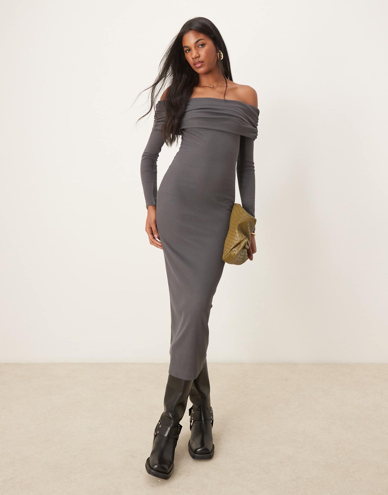 Miss Selfridge long sleeve bardot maxi dress in grey