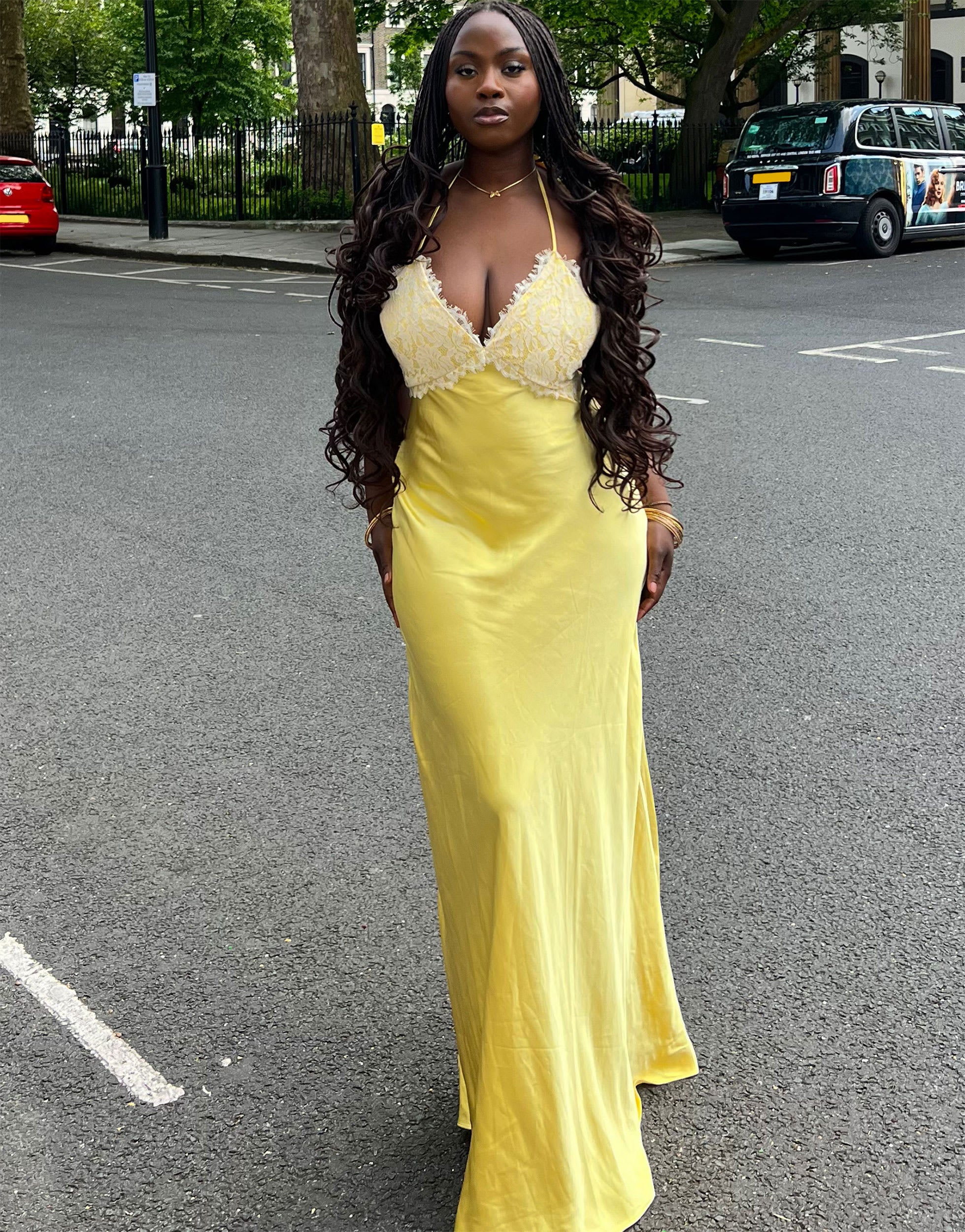 Labelrail x Sumbo Owoyele lace detail camisole satin maxi dress in yellow