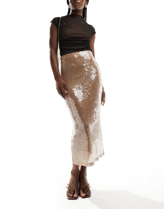 Bardot sequin midi skirt is cream glazed sequin