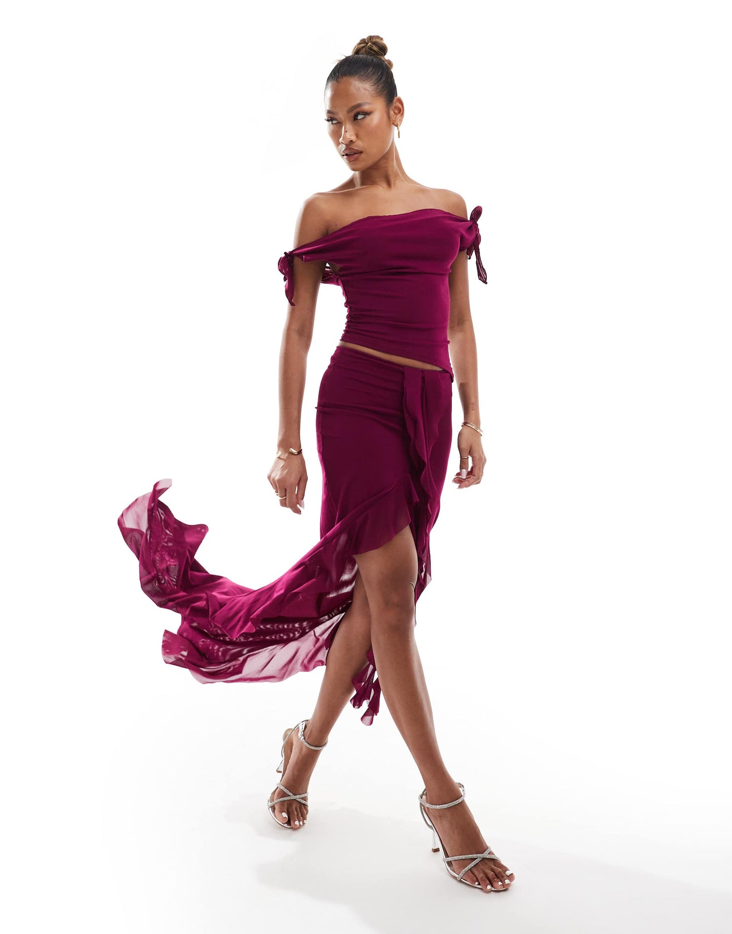 Murci exclusive mesh knot detail off shoulder top and ruffle maxi skirt set in purple