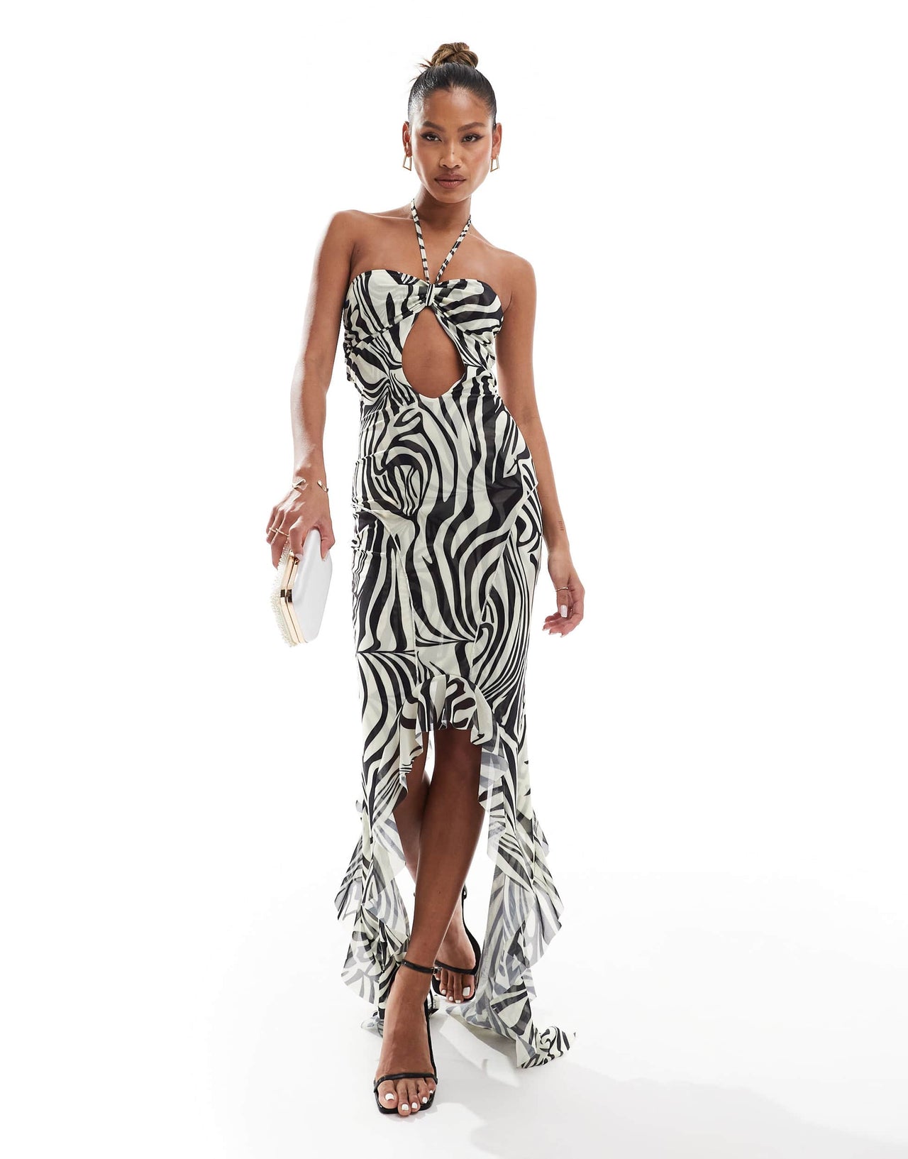 Murci exclusive mesh halterneck keyhole detail high low hem maxi dress in zebra print