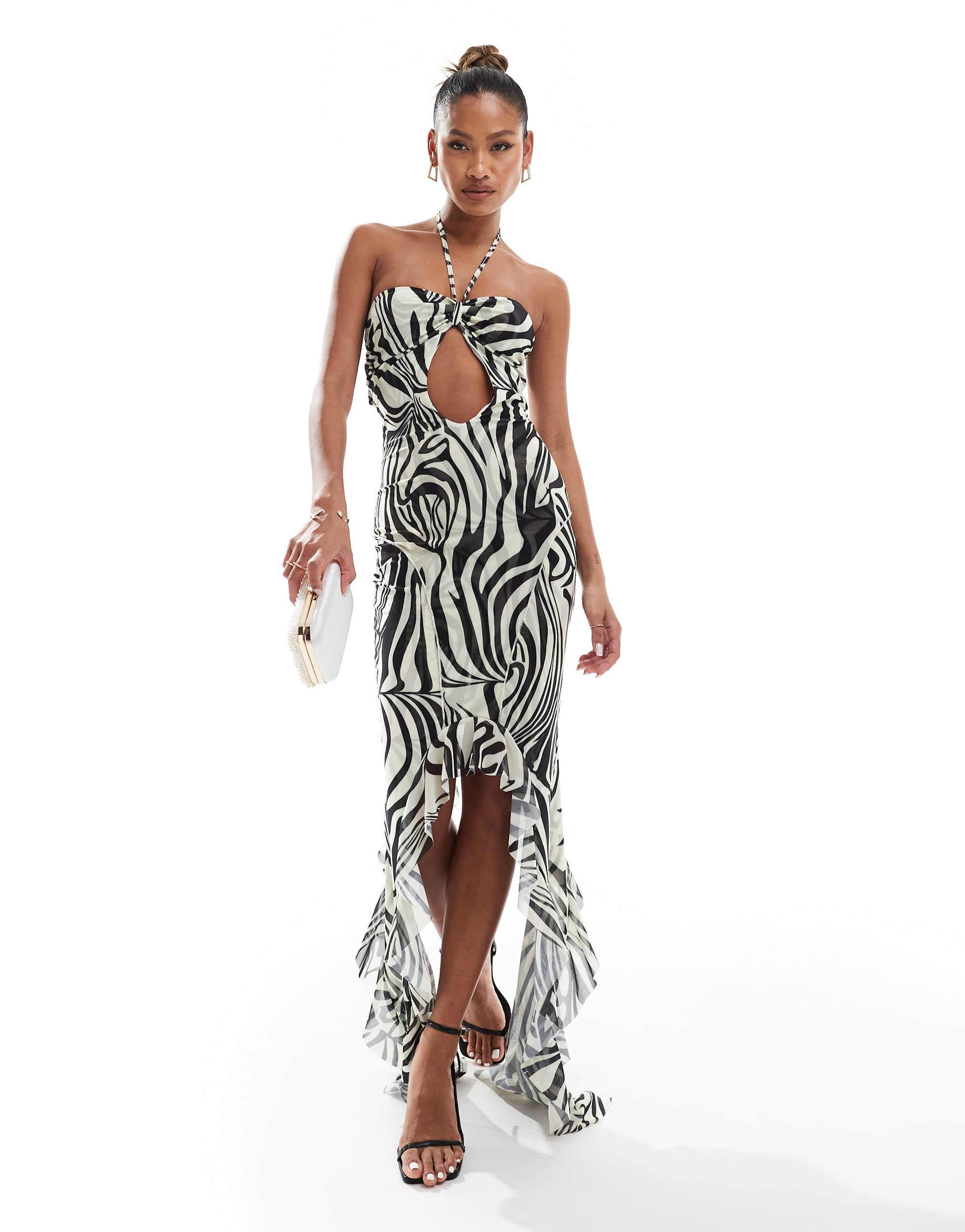 Murci exclusive mesh halterneck keyhole detail high low hem maxi dress in zebra print