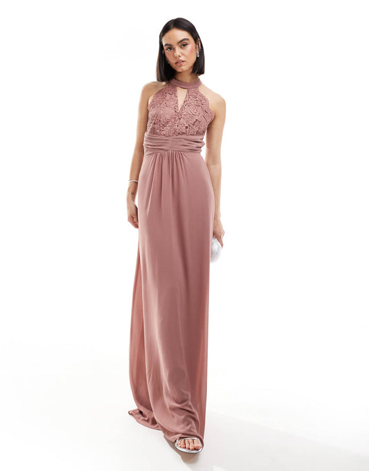 TFNC Bridesmaids halterneck maxi dress with lace detail in mauve