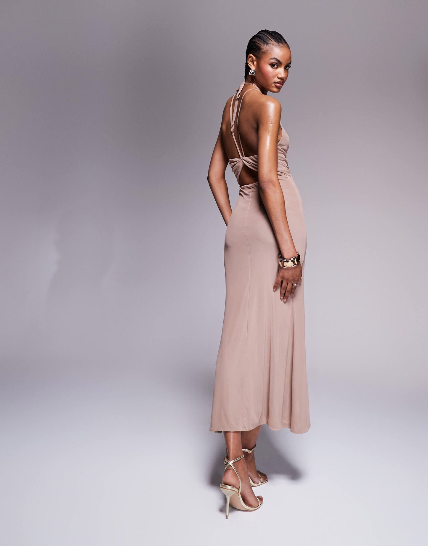 ASOS DESIGN strapping detail plunge maxi dress with gold trim detail in mocha