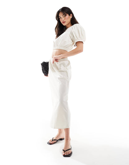 Vila cotton puff sleeve top co-ord in beige