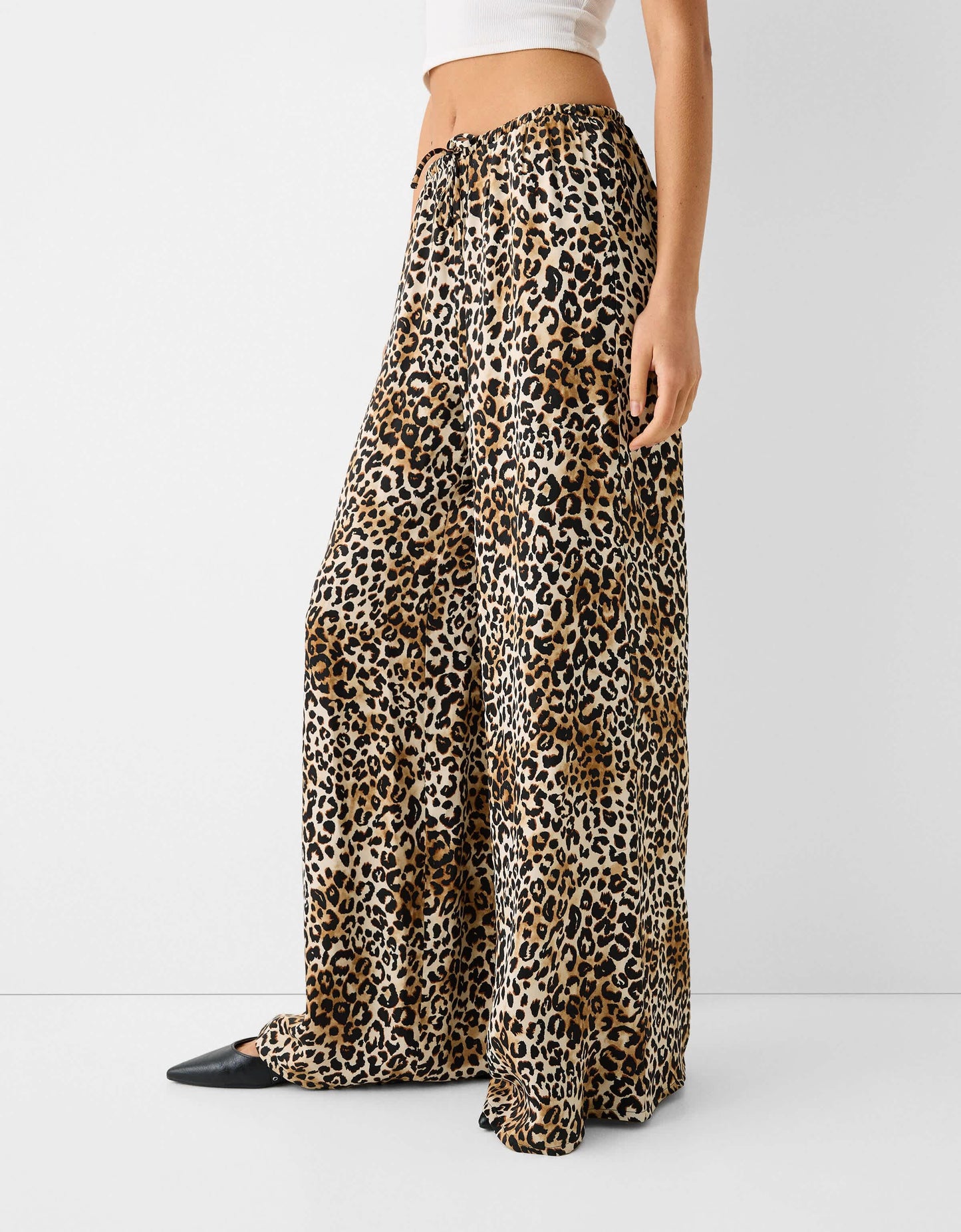 Bershka tie waist wide leg trousers in leopard print