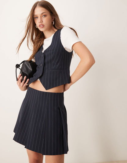 ASOS DESIGN tailored pleated mini skirt in navy stripe