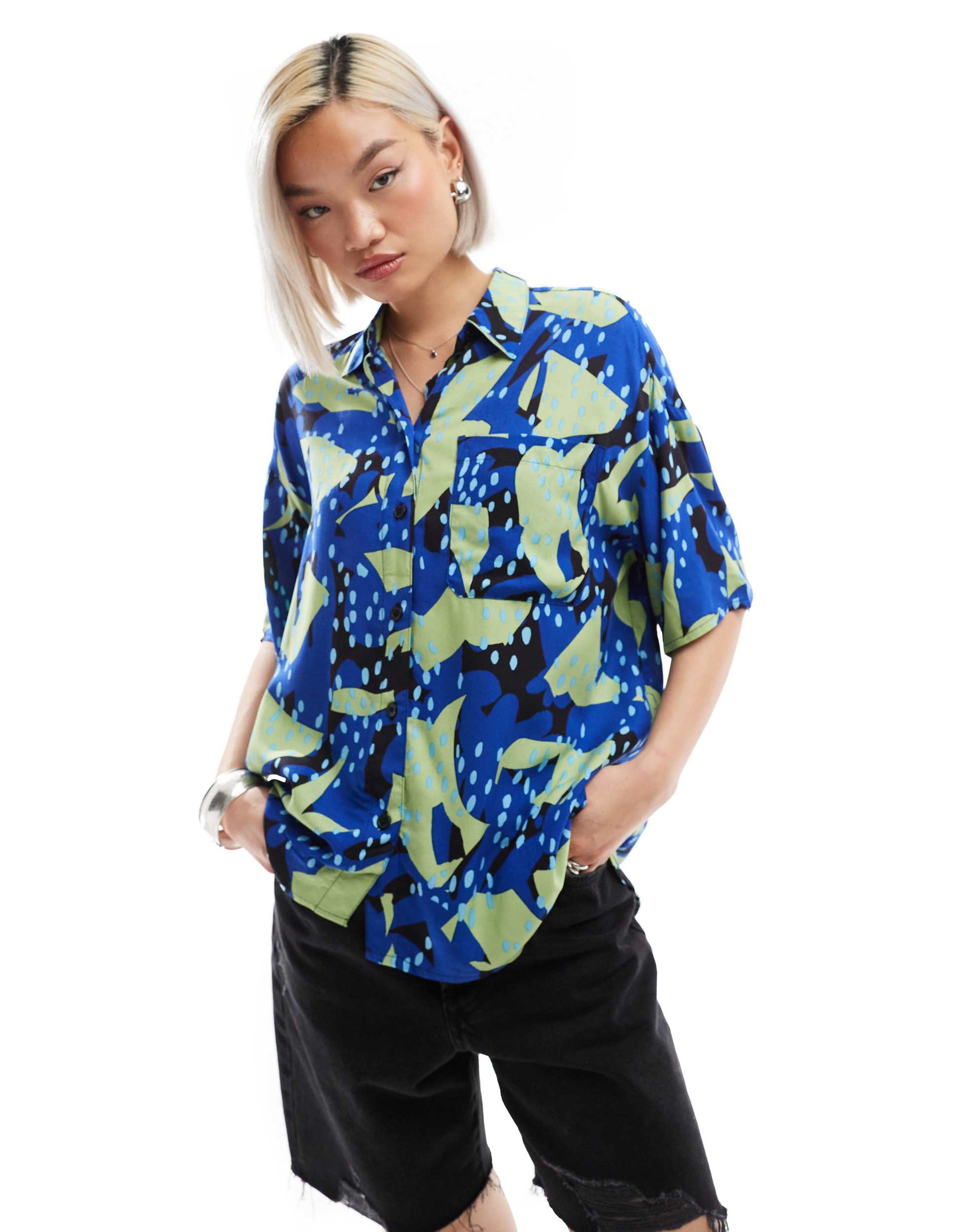 Monki short sleeve boxy shirt in blue and green collage print