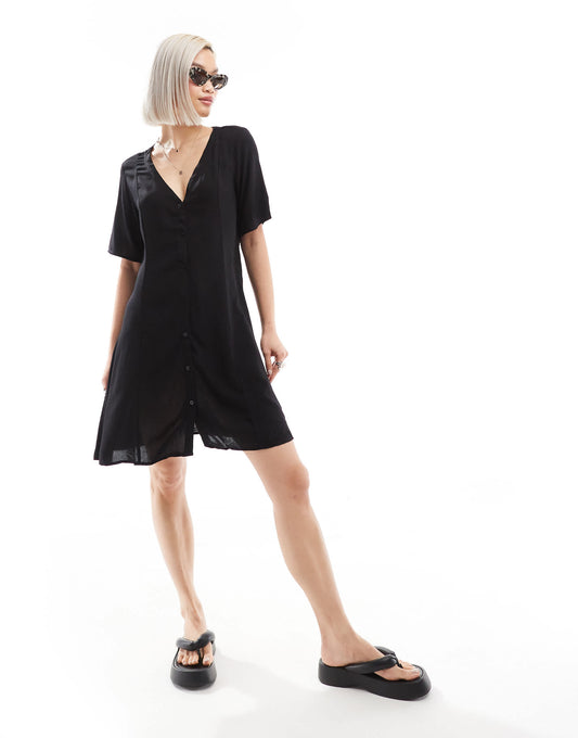 Monki button through mini dress in black