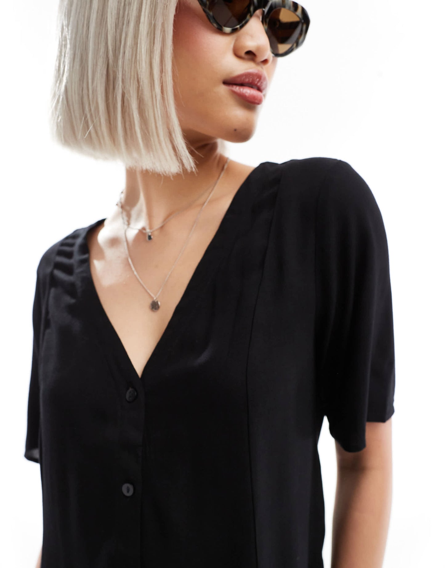 Monki button through mini dress in black
