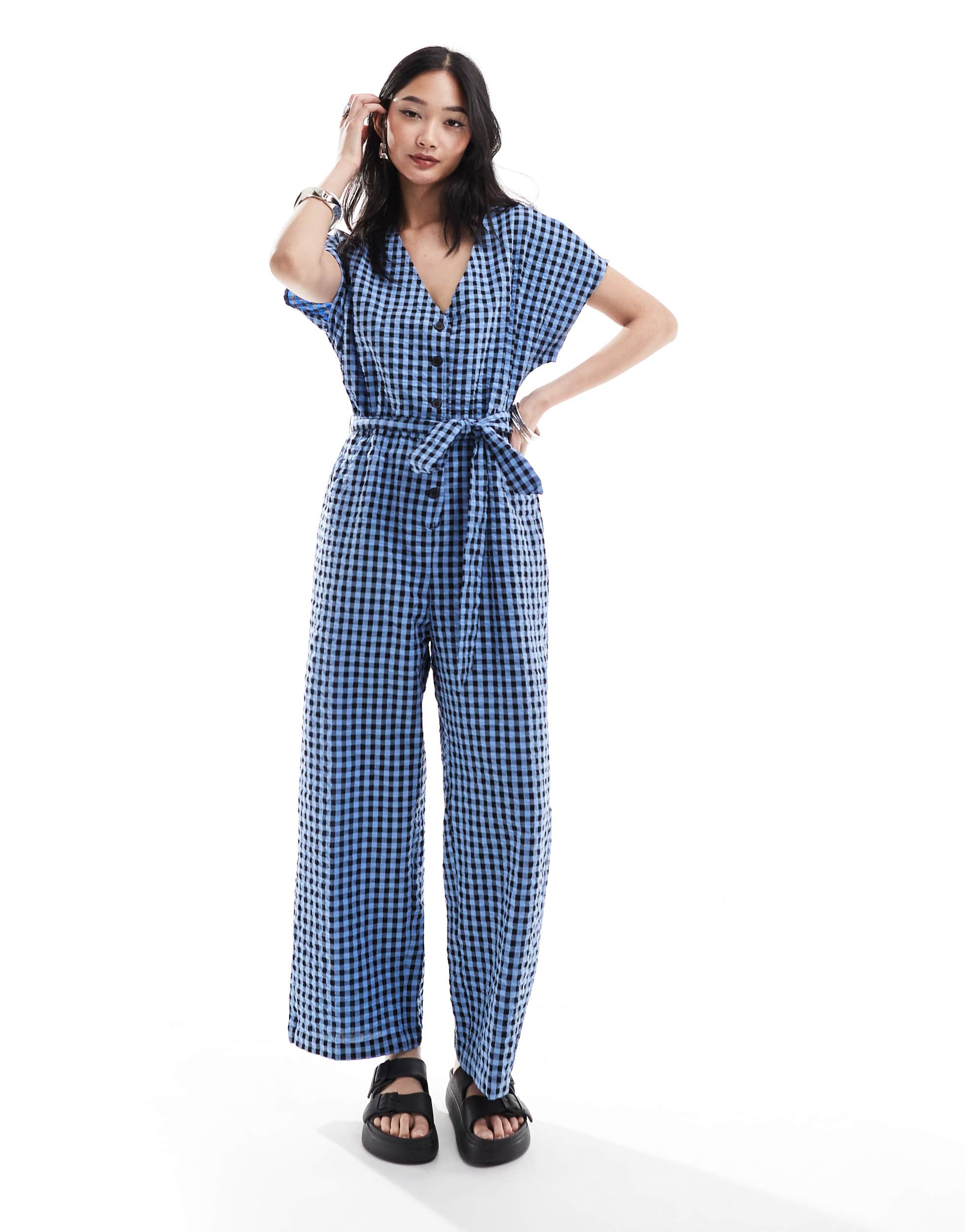 Monki seersucker tie waist jumpsuit in blue and black gingham
