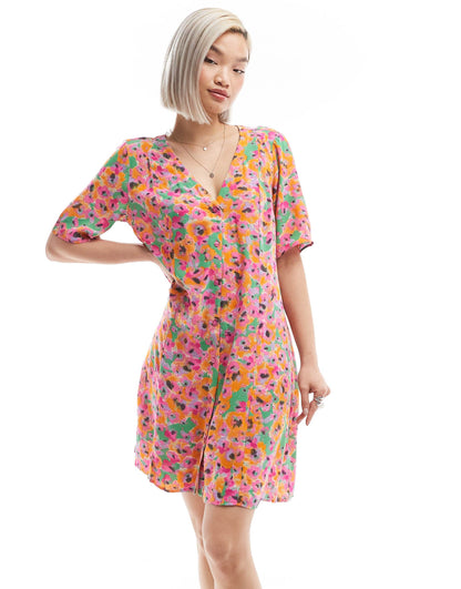 Monki button through mini dress in abstract floral print