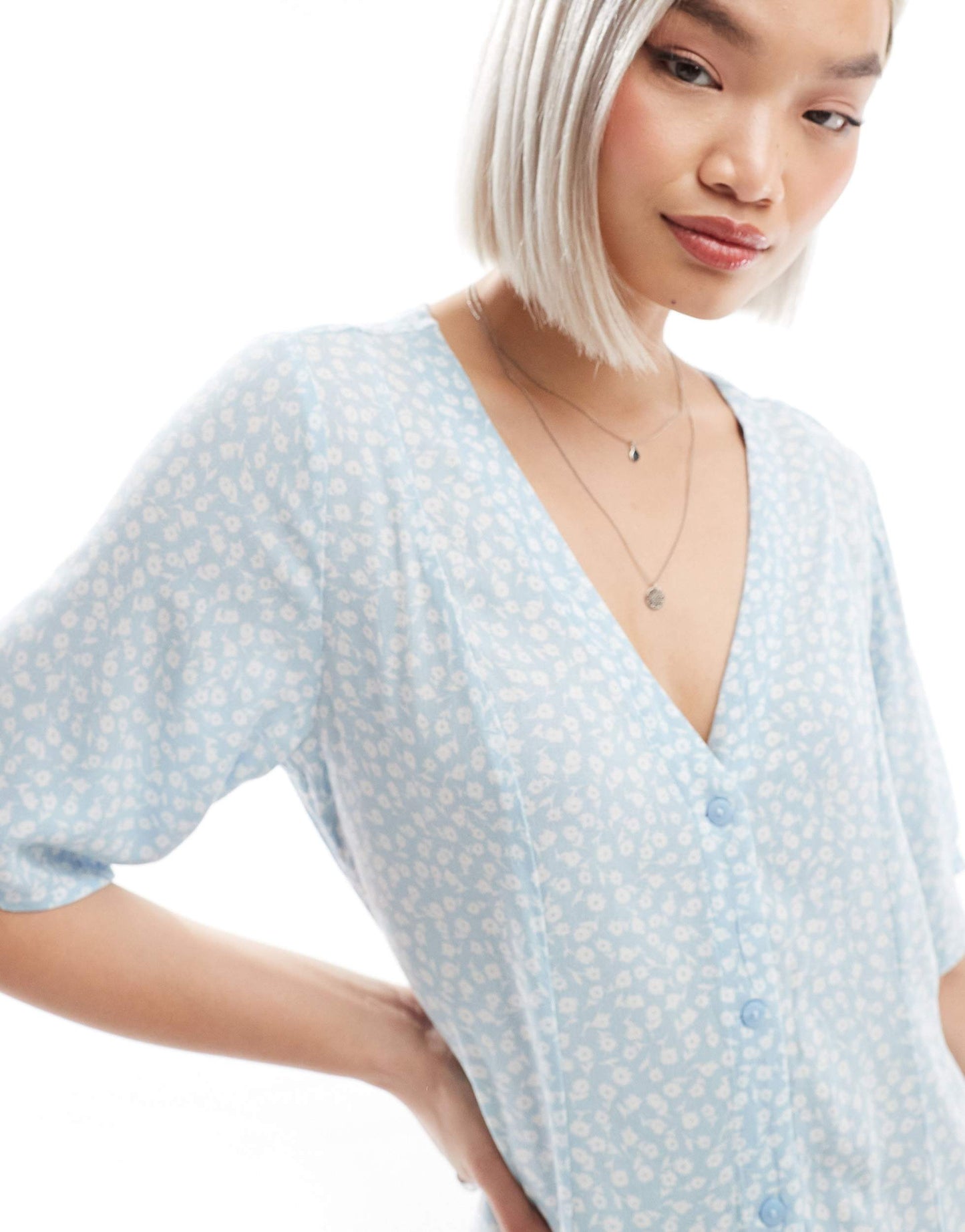Monki button through mini sun dress in blue flowers print