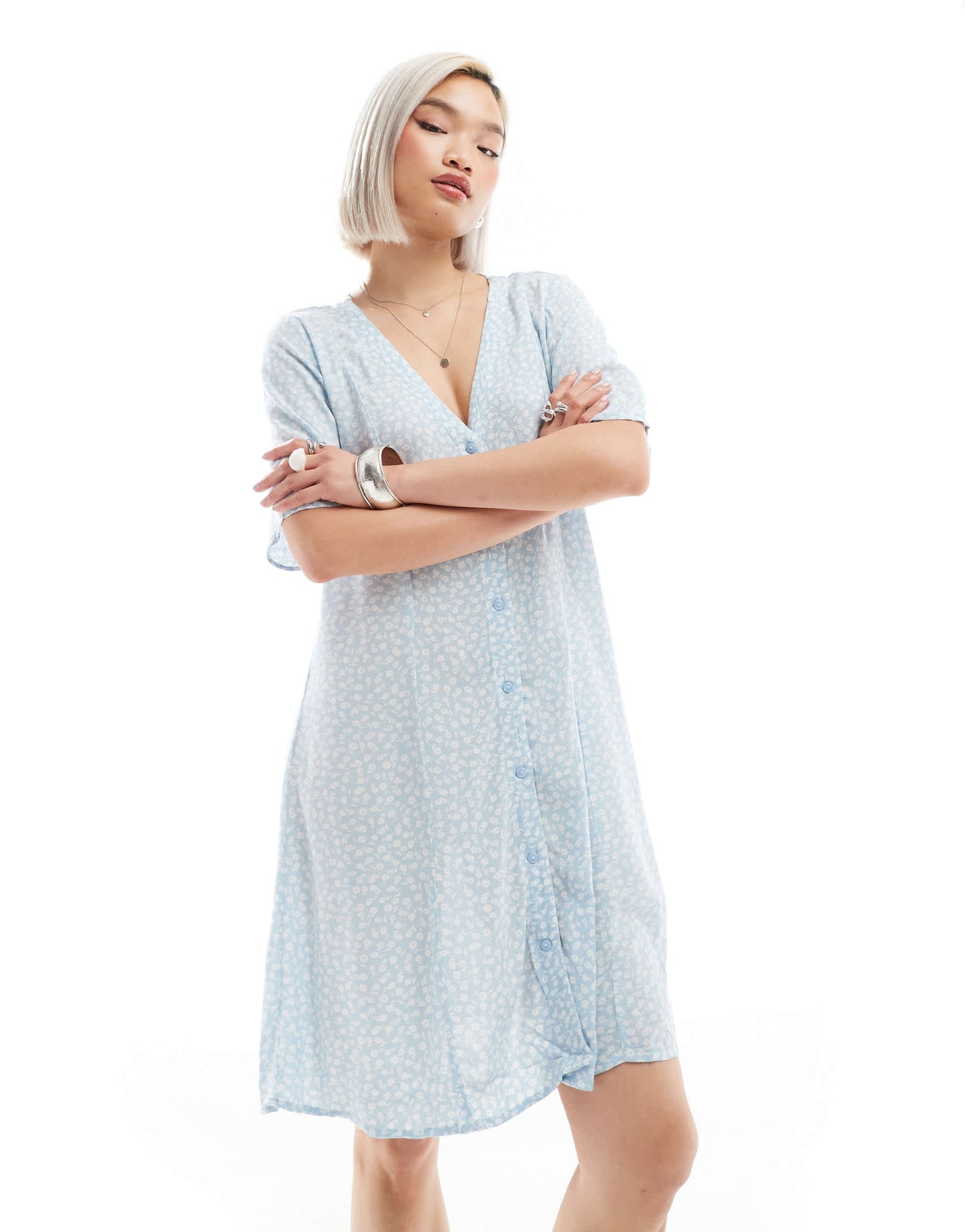 Monki button through mini sun dress in blue flowers print